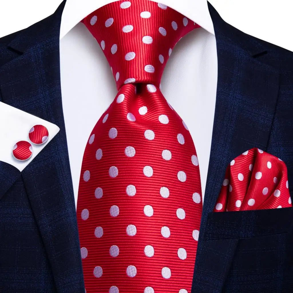 Red Elegant Dot Hanky Cufflink Silk Necktie