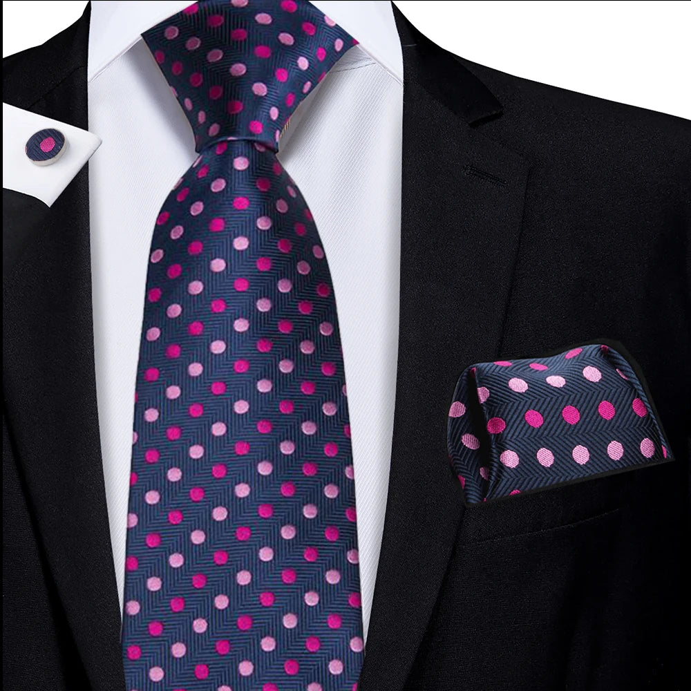 Blue Elegant Dot Hanky Cufflink Silk Necktie