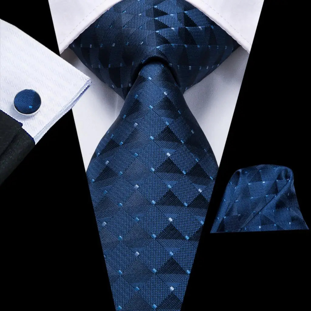 Blue Elegant Dot Hanky Cufflink Silk Necktie