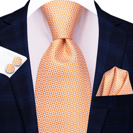 Orange Elegant Dot Hanky Cufflink Silk Necktie