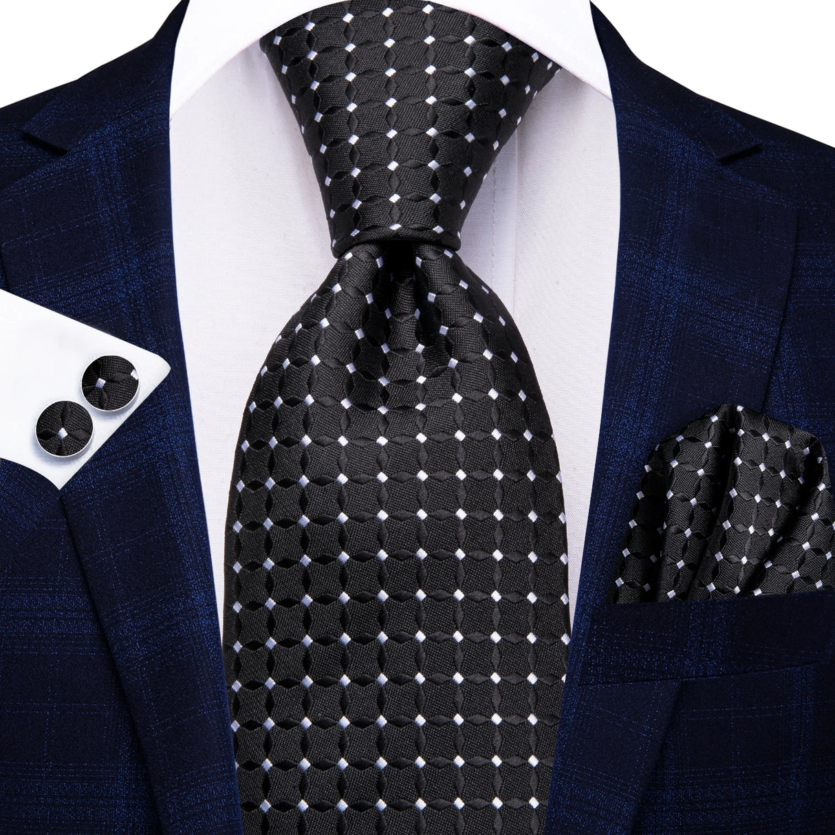 Black Elegant Dot Hanky Cufflink Silk Necktie
