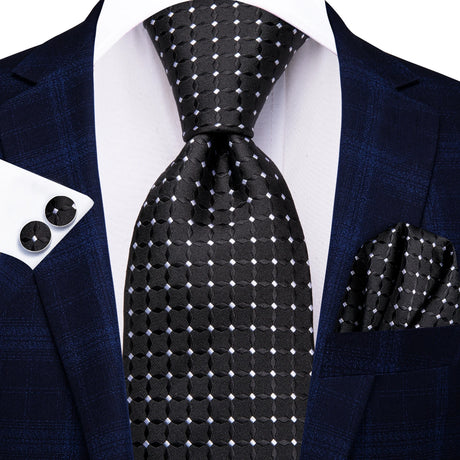 Black Elegant Dot Hanky Cufflink Silk Necktie