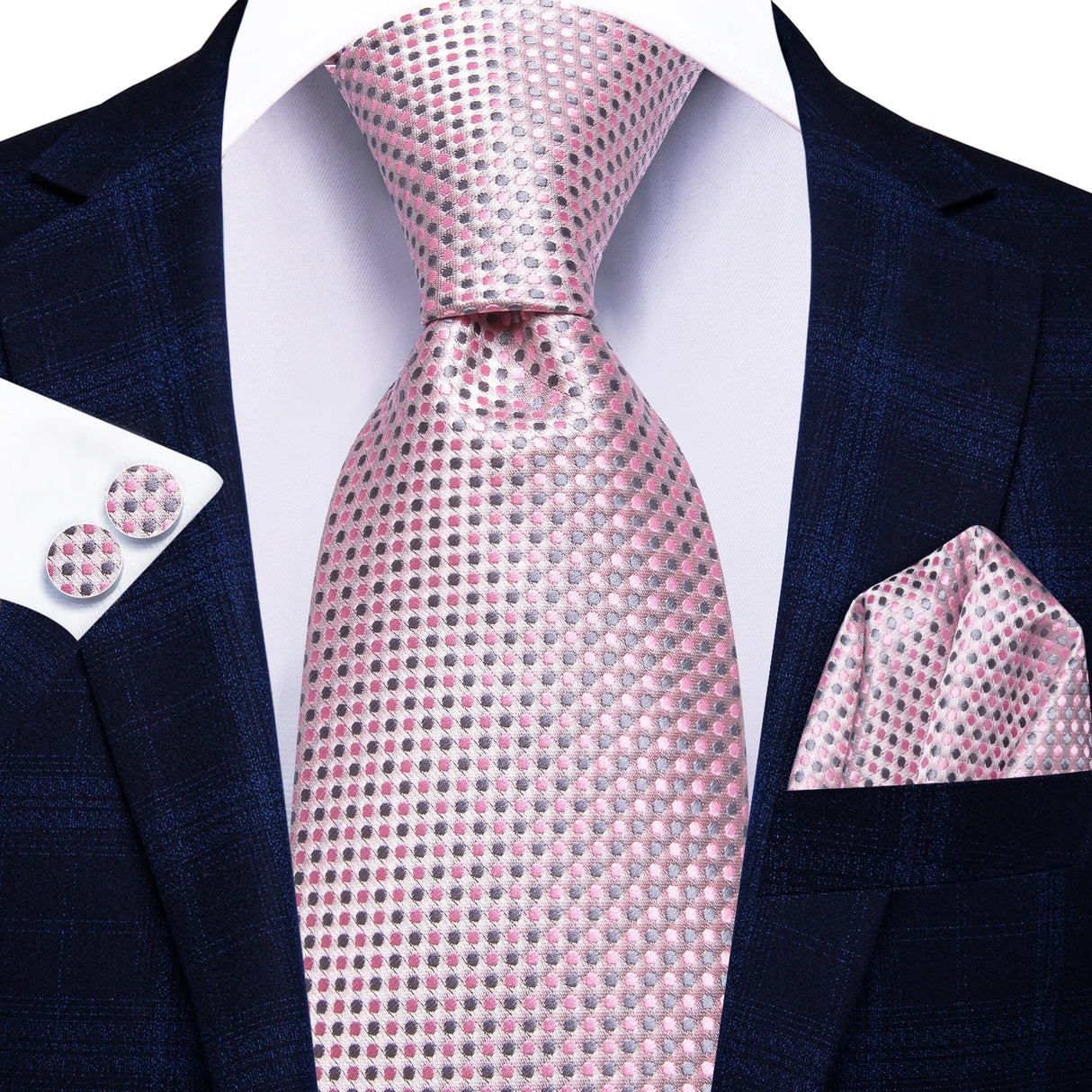 Pink Elegant Dot Hanky Cufflink Silk Necktie