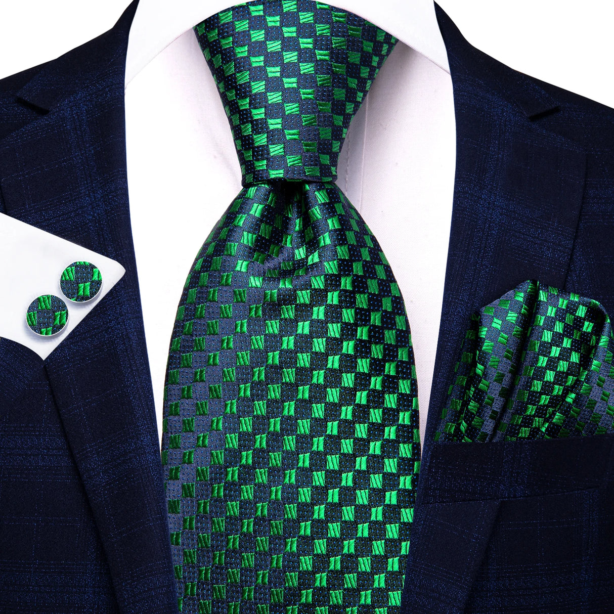 Green Elegant Dot Hanky Cufflink Silk Necktie