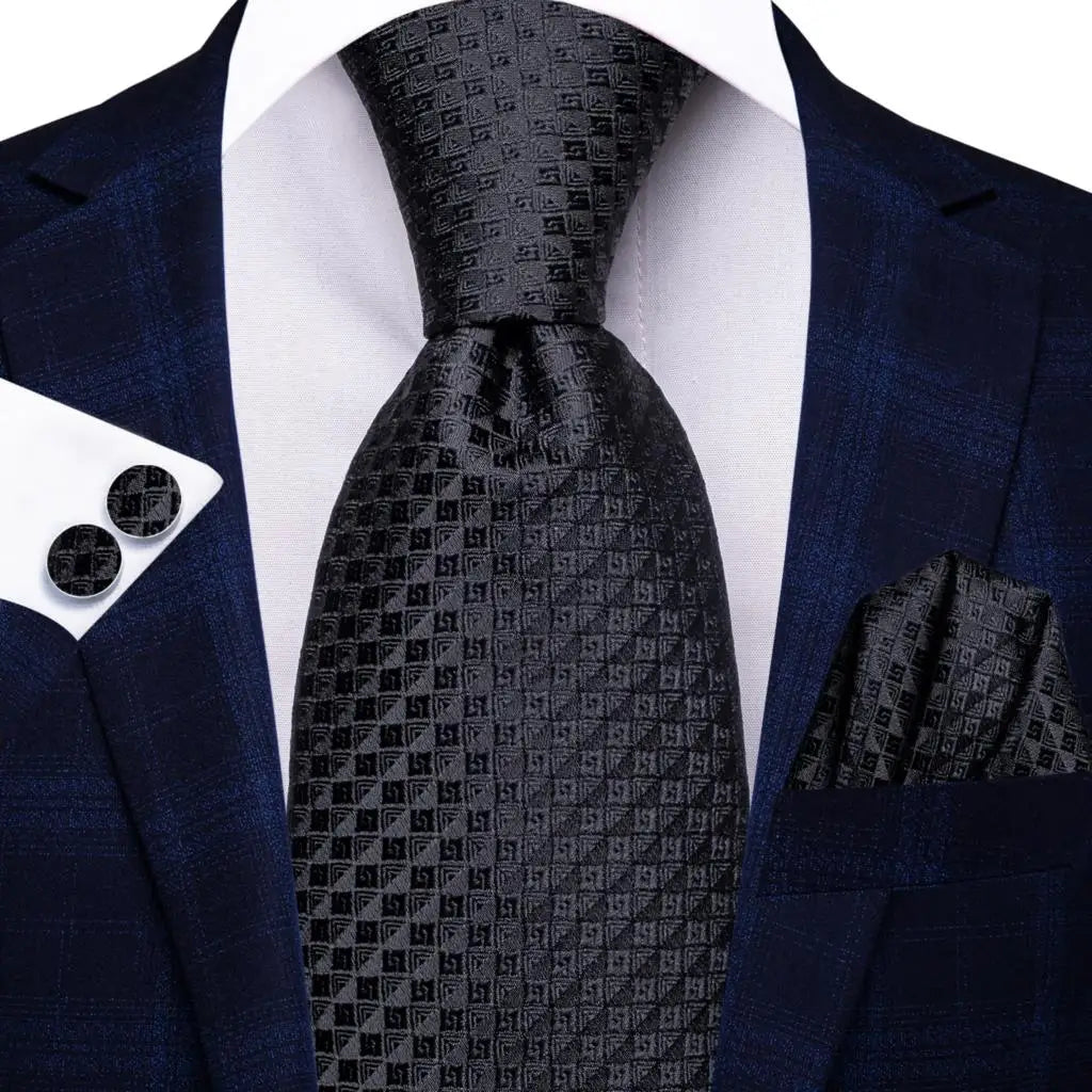 Black Elegant Dot Hanky Cufflink Silk Necktie