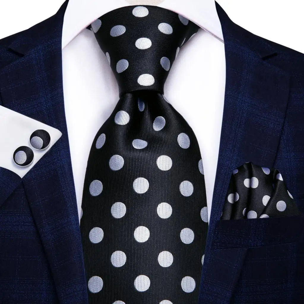 Black Elegant Dot Hanky Cufflink Silk Necktie
