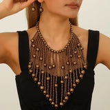 Model Using Elegant Handmade Bridal Pearl Tassel Necklace And Earrings