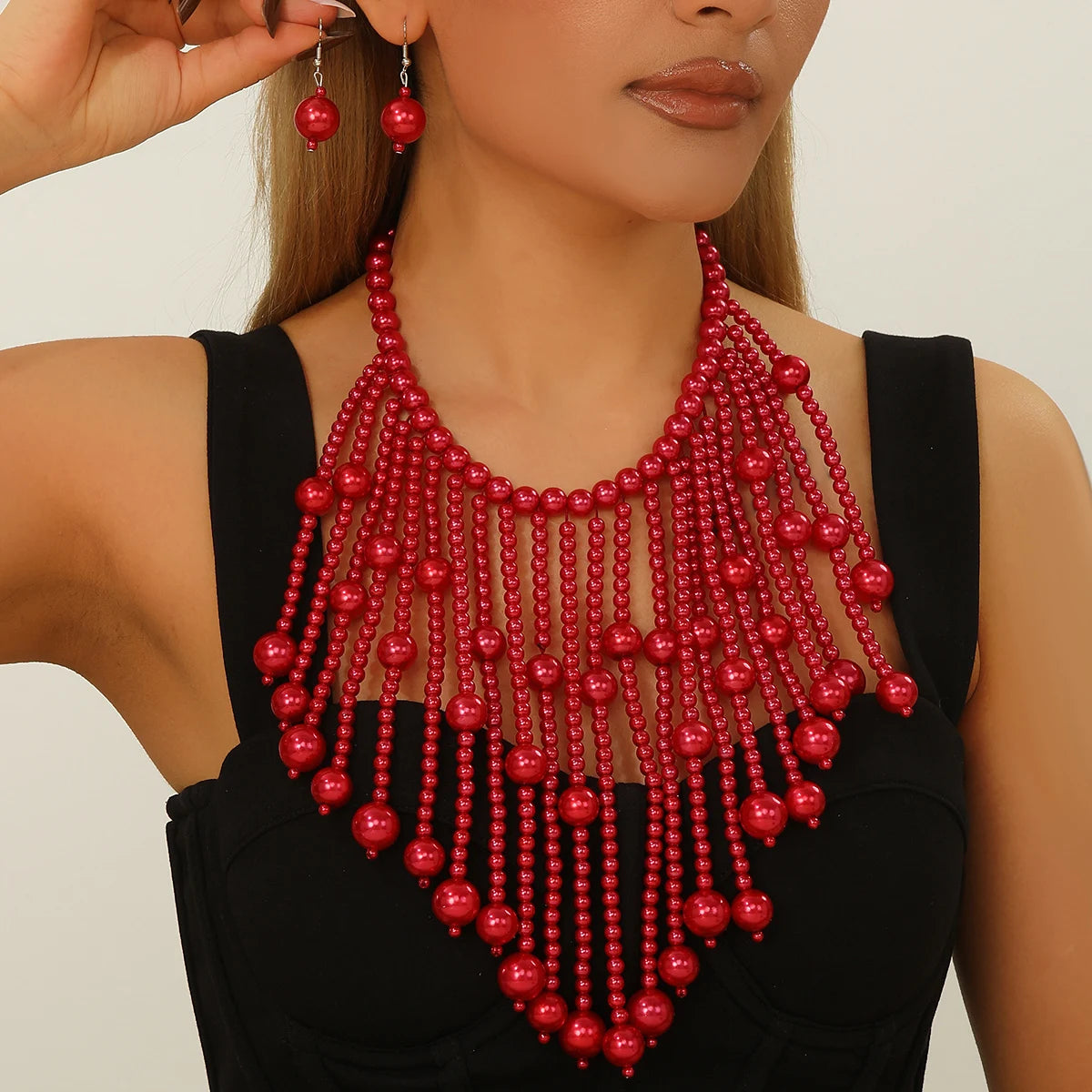 Red Elegant Handmade Bridal Pearl Tassel Necklace And Earrings