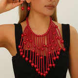 Red Elegant Handmade Bridal Pearl Tassel Necklace And Earrings