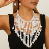 White Elegant Handmade Bridal Pearl Tassel Necklace And Earrings
