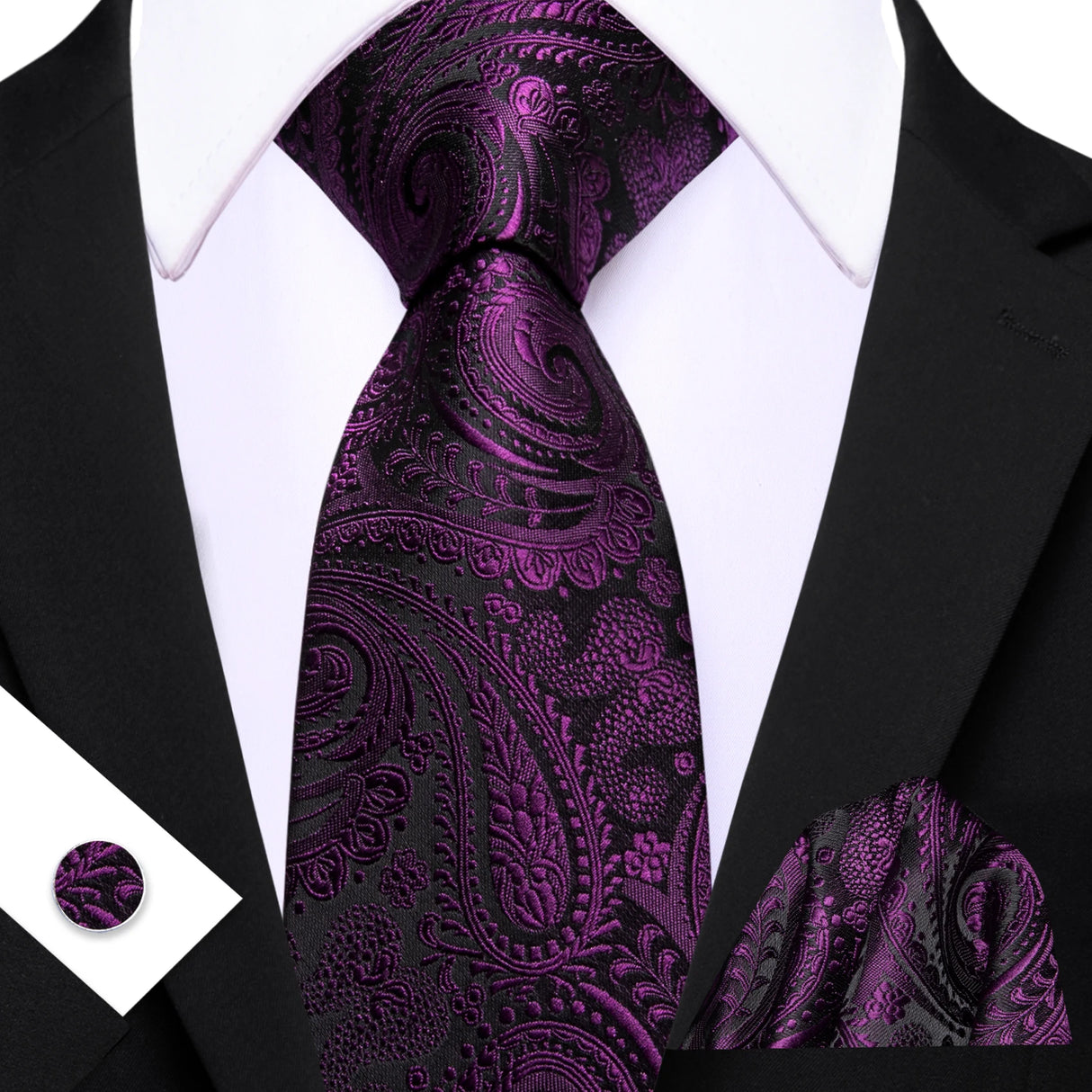 Purple Elegant Paisley Jacquard Pocket Square Cufflinks Necktie