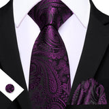 Purple Elegant Paisley Jacquard Pocket Square Cufflinks Necktie
