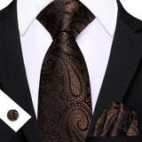 Brown Elegant Paisley Jacquard Pocket Square Cufflinks Necktie