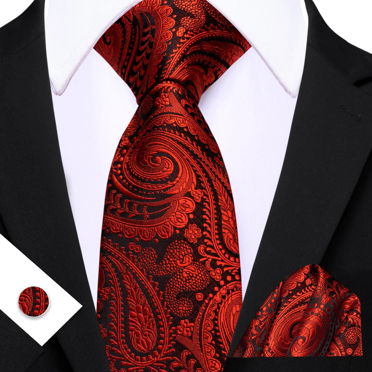 Red Elegant Paisley Jacquard Pocket Square Cufflinks Necktie