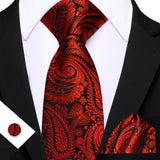 Red Elegant Paisley Jacquard Pocket Square Cufflinks Necktie