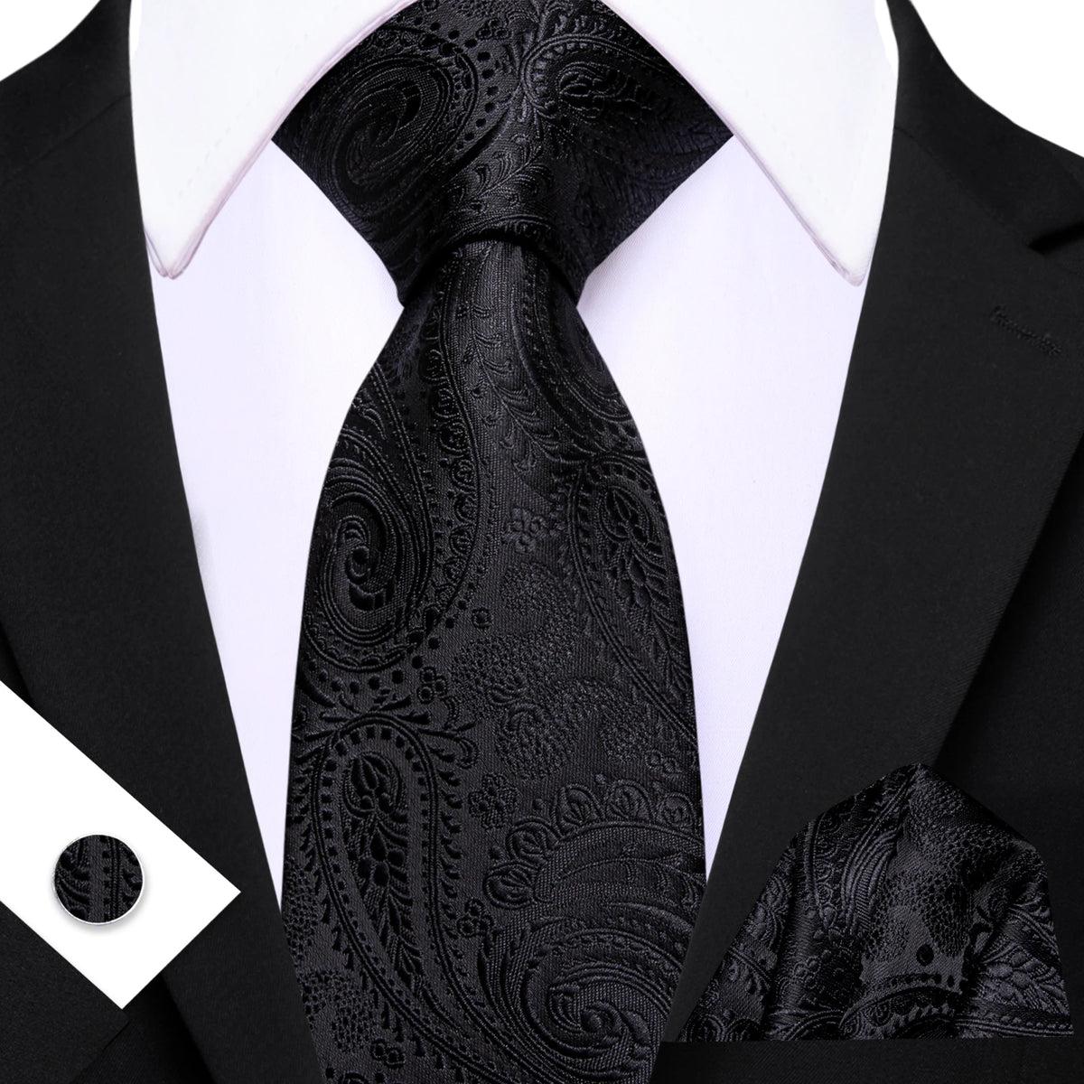 Black Elegant Paisley Jacquard Pocket Square Cufflinks Necktie