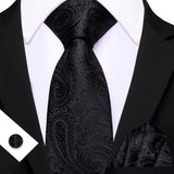 Black Elegant Paisley Jacquard Pocket Square Cufflinks Necktie