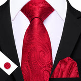 Red Elegant Paisley Jacquard Pocket Square Cufflinks Necktie