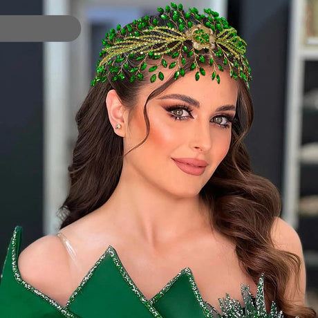 Bride using green rhinestone headband 