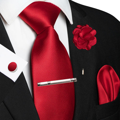 Red Elegant Solid Hanky Cufflink Brooch Tie For Men