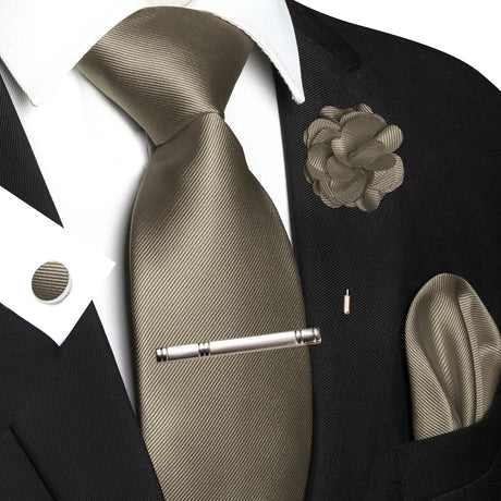 Gray Elegant Solid Hanky Cufflink Brooch Tie For Men