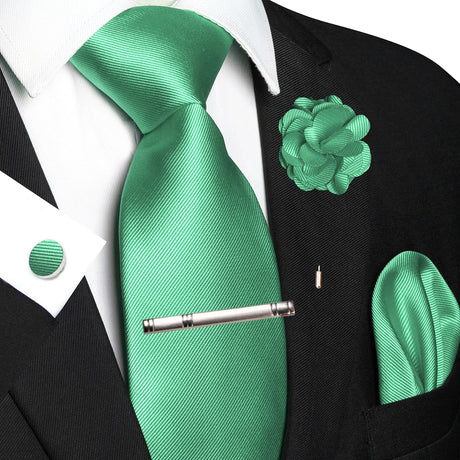 Green Elegant Solid Hanky Cufflink Brooch Tie For Men