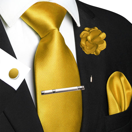 Gold Elegant Solid Hanky Cufflink Brooch Tie For Men