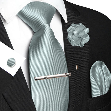 Gray Elegant Solid Hanky Cufflink Brooch Tie For Men