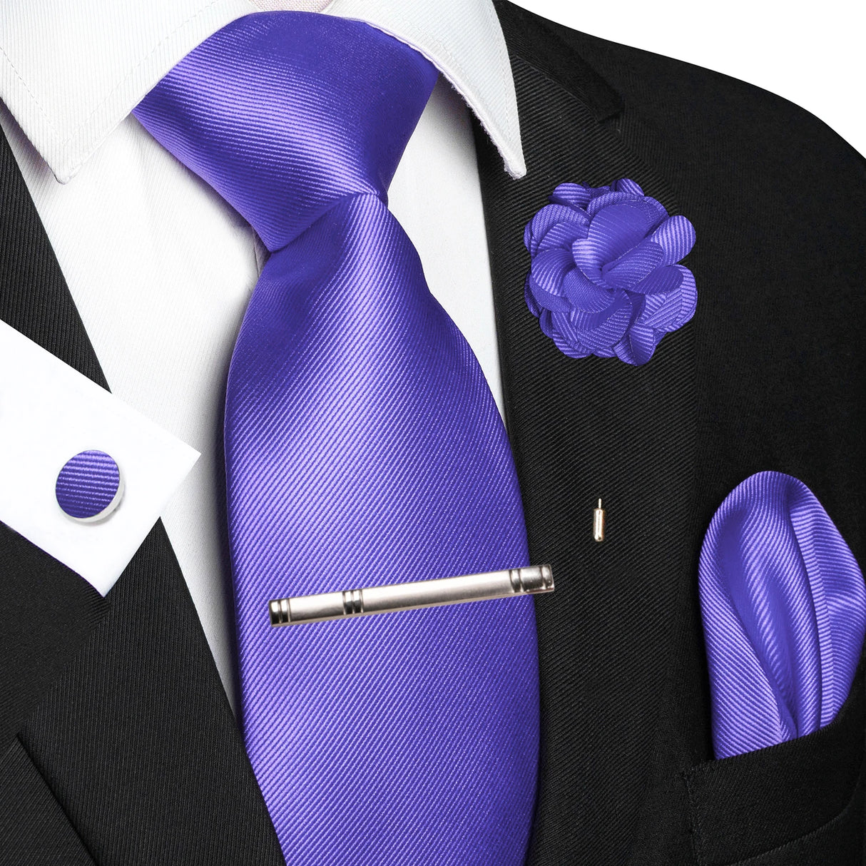 Blue Elegant Solid Hanky Cufflink Brooch Tie For Men
