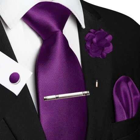 Purple Elegant Solid Hanky Cufflink Brooch Tie For Men