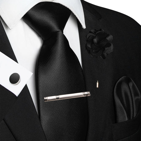 Black Elegant Solid Hanky Cufflink Brooch Tie For Men