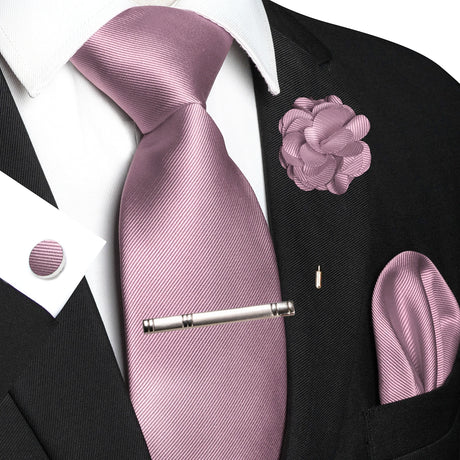 Pink Elegant Solid Hanky Cufflink Brooch Tie For Men