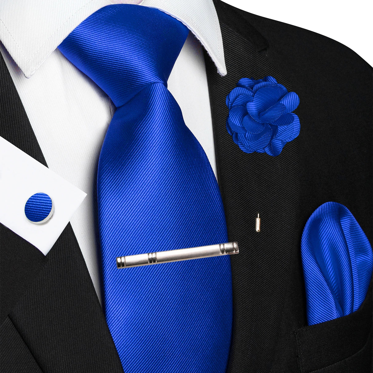 Blue Elegant Solid Hanky Cufflink Brooch Tie For Men