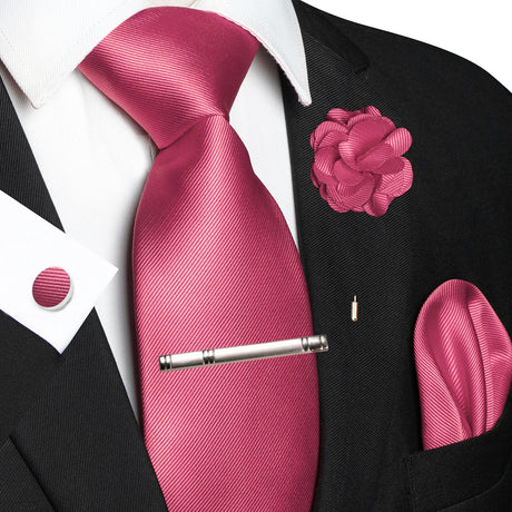 Pink Elegant Solid Hanky Cufflink Brooch Tie For Men