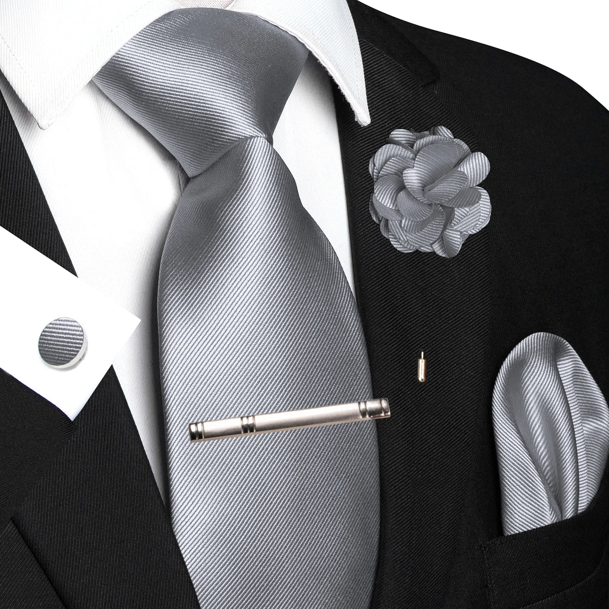 Gray Elegant Solid Hanky Cufflink Brooch Tie For Men