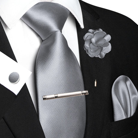 Gray Elegant Solid Hanky Cufflink Brooch Tie For Men