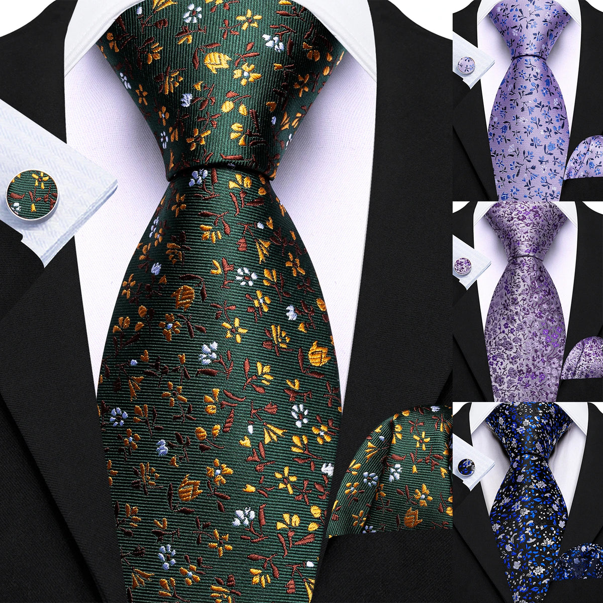 Collection of Elegant Spring Style Flower Necktie Hanky Cufflinks Men Tie Set