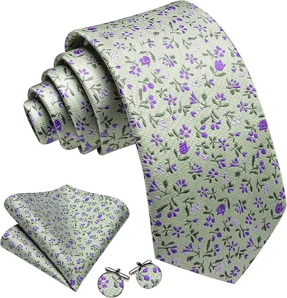 Elegant Spring Style Flower Necktie Hanky Cufflinks Men Tie Set
