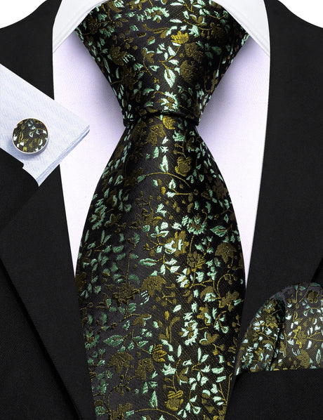Green Elegant Spring Style Flower Necktie Hanky Cufflinks Men Tie Set