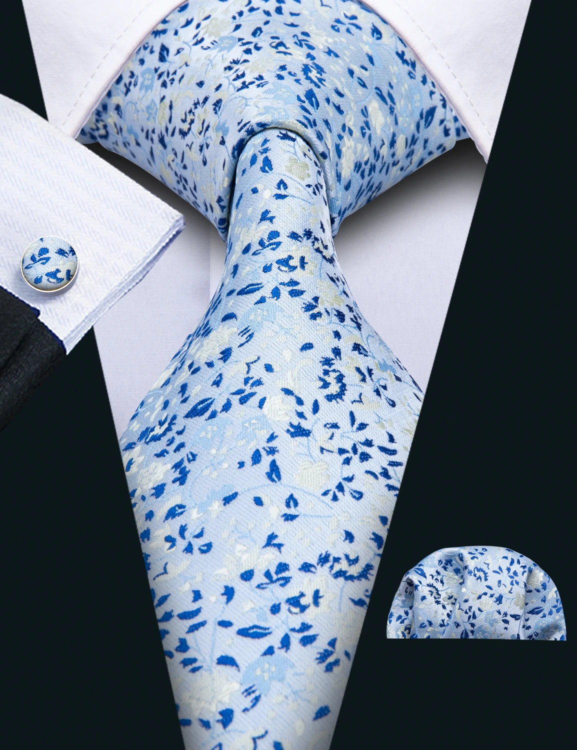 Blue Elegant Spring Style Flower Necktie Hanky Cufflinks Men Tie Set