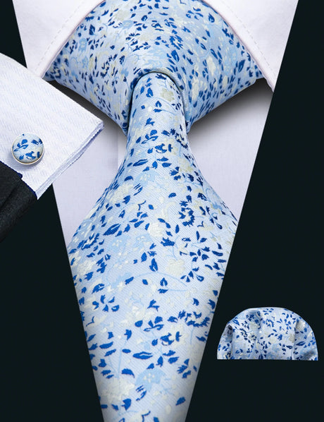 Blue Elegant Spring Style Flower Necktie Hanky Cufflinks Men Tie Set