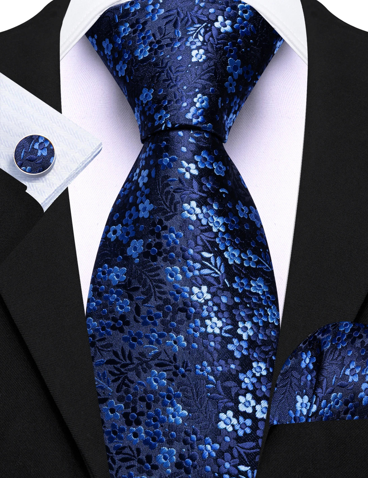 Blue Elegant Spring Style Flower Necktie Hanky Cufflinks Men Tie Set
