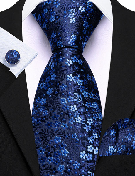 Blue Elegant Spring Style Flower Necktie Hanky Cufflinks Men Tie Set