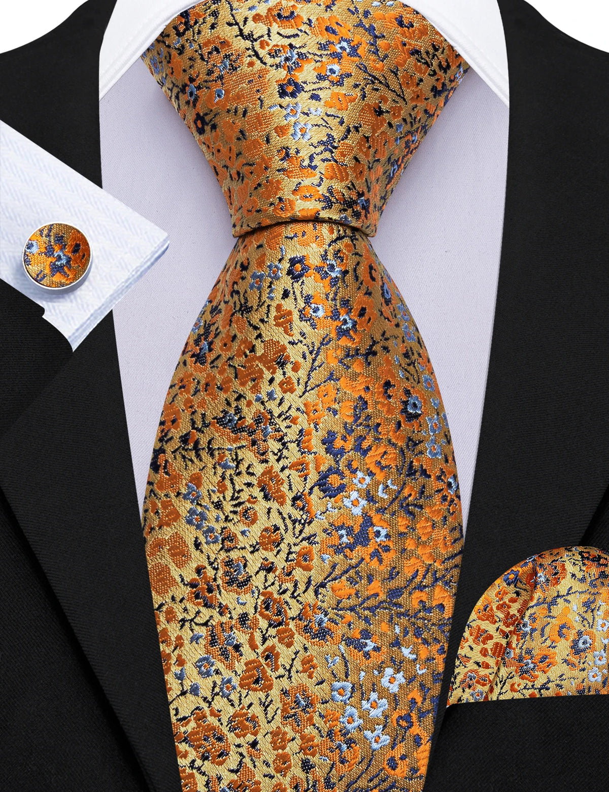 Orange Elegant Spring Style Flower Necktie Hanky Cufflinks Men Tie Set
