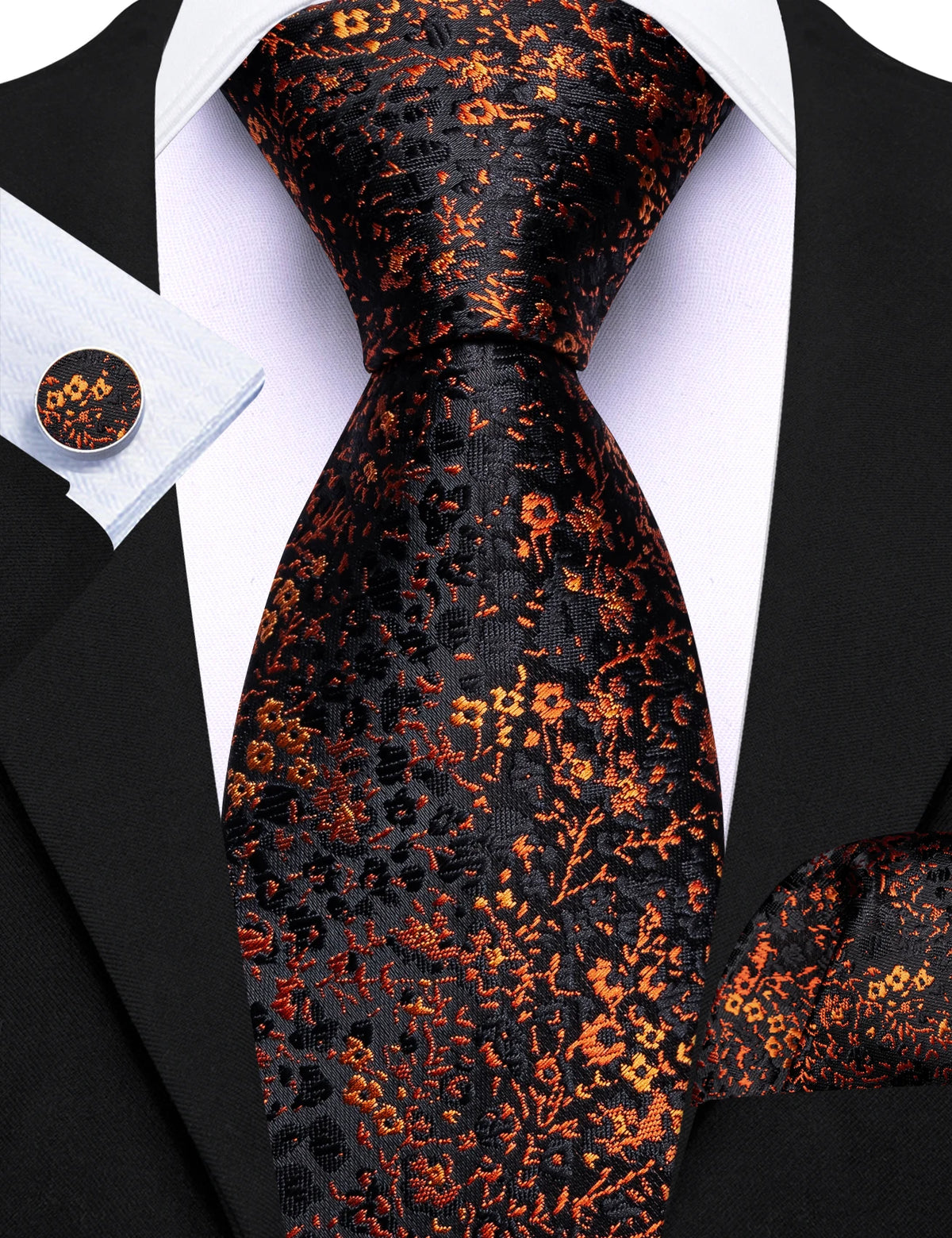 Orange Elegant Spring Style Flower Necktie Hanky Cufflinks Men Tie Set