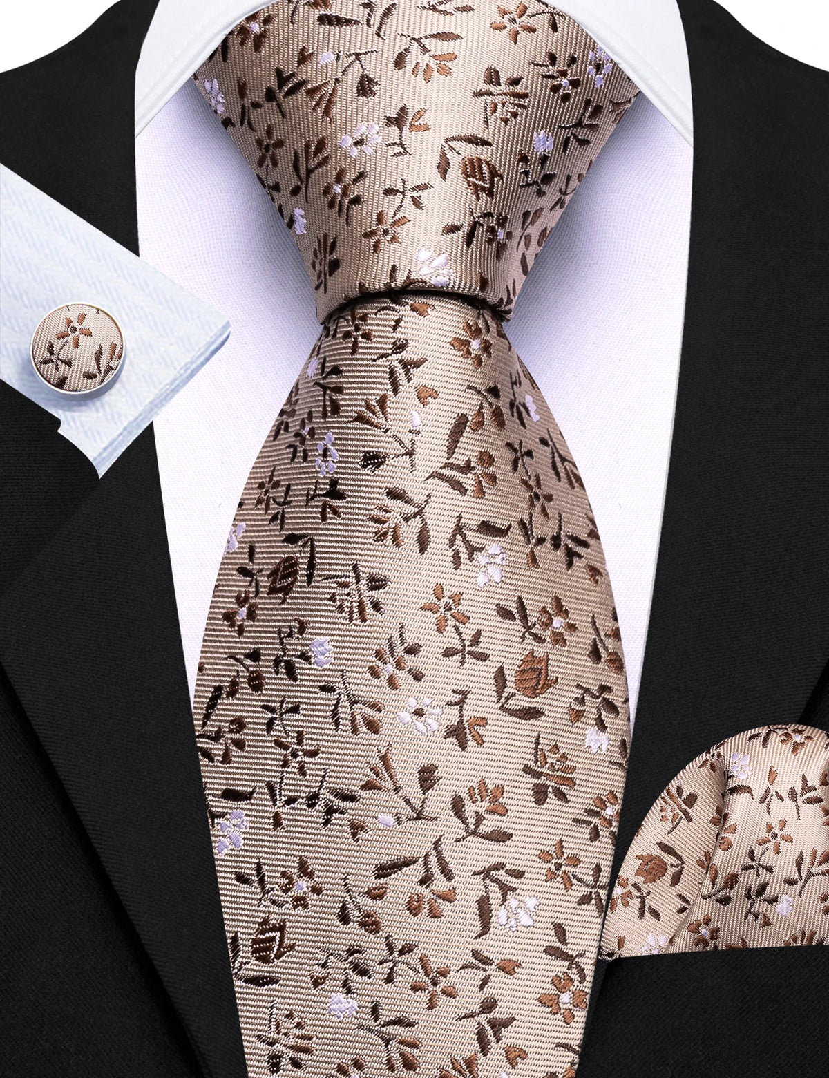 Brown Elegant Spring Style Flower Necktie Hanky Cufflinks Men Tie Set