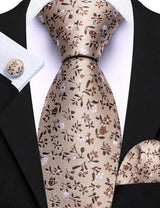 Brown Elegant Spring Style Flower Necktie Hanky Cufflinks Men Tie Set