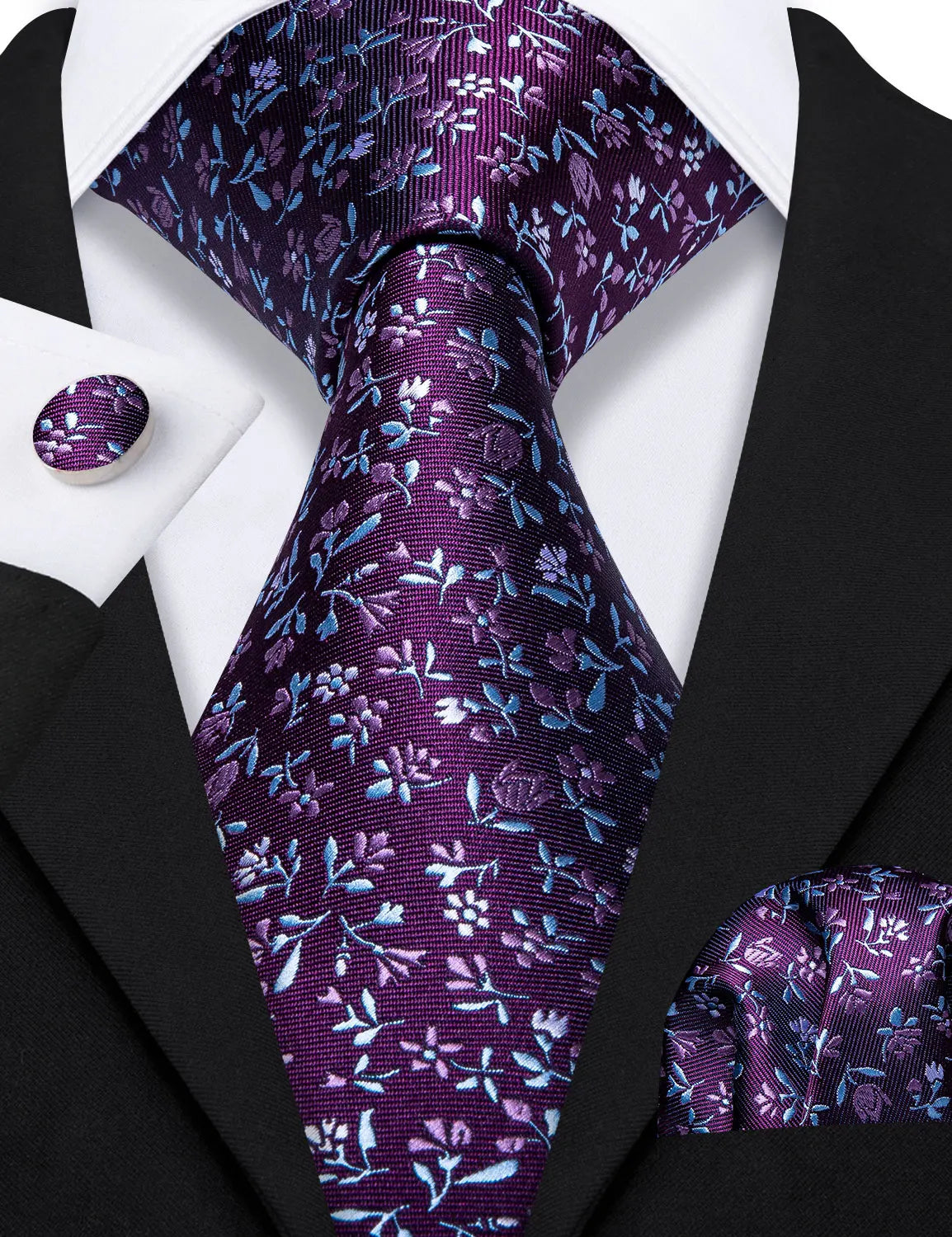 Purple Elegant Spring Style Flower Necktie Hanky Cufflinks Men Tie Set