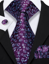 Purple Elegant Spring Style Flower Necktie Hanky Cufflinks Men Tie Set