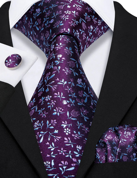 Purple Elegant Spring Style Flower Necktie Hanky Cufflinks Men Tie Set